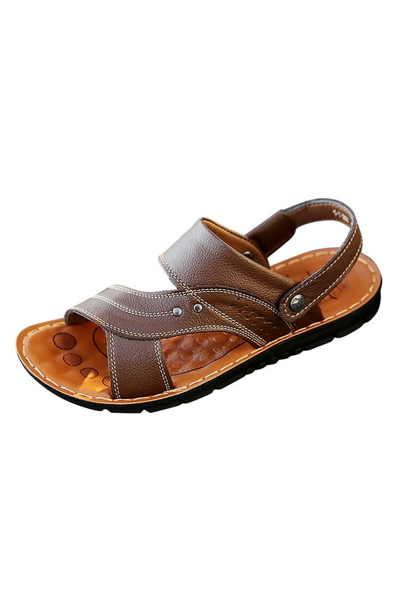 Mens Sandals Slides Memory Foam Slippers Sandals Dual Use Shoes Men Sandals Leather with Straps Sandal Brown 8.5