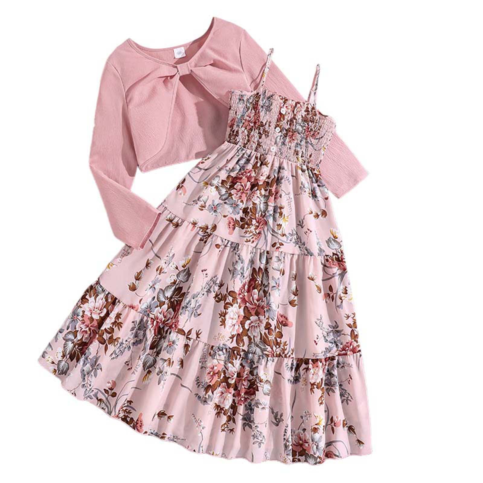 dmqupv Outit Set for Baby Girl Infant Girls Party Floral Tank Dress with Shrugs Set Embroidered Dress Two Piece Set Cute Long Sleeve Cropped Jacket Dress Set Pink,Size for 10-11 Years