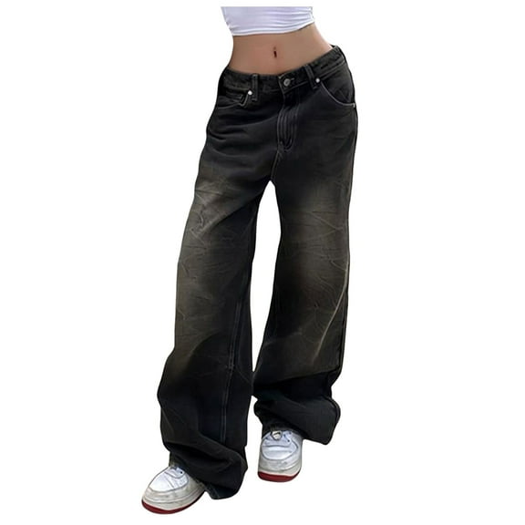 dmqupv Ripped Jeans Womens Jeans for Women Low Waist Stretchy Wide Leg Jean Pants Basic Boyfriend Casual Fashion Denim Trouser with Pockets Black,Size for L