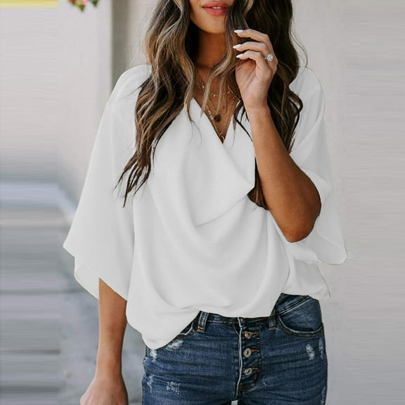 dmqupv Short Sleeve Shirt Women Shirt V-neck Blouses Women's Tops And Loose Casual Fashion Solid Workout Tops Women Shirt White Medium