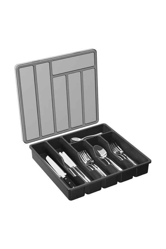 SunRoad Cutlery Storage Box with Lid 6 Compartments Plastic Organizer for Kitchen Drawer And Countertop BPA-Free Tableware Holder Case for Spoons Forks Knives Dust-Free Design Covered Utensil Tray