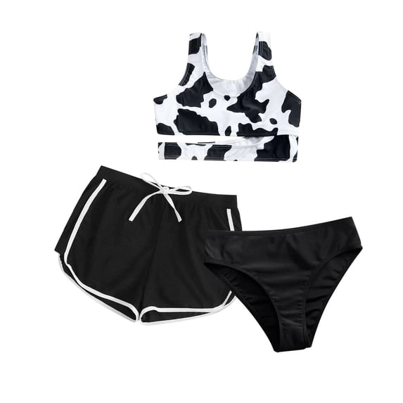 dmqupv Teen Girl Tankini Swimsuits Baby Swimsuit Baby Girl Outfits Cow Print Swimwear Solid Color Shorts Summer 3PCS Bikini Swimsuit Black 11-12 Years