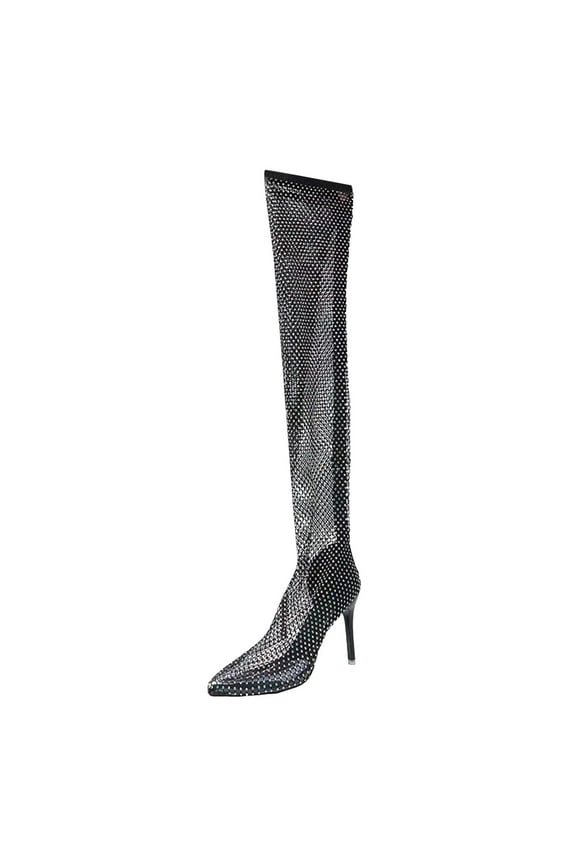 Thigh High Boots for Women Platform The High Toe Solid Shoes Rhinestone Thigh High Leather Boots for Women