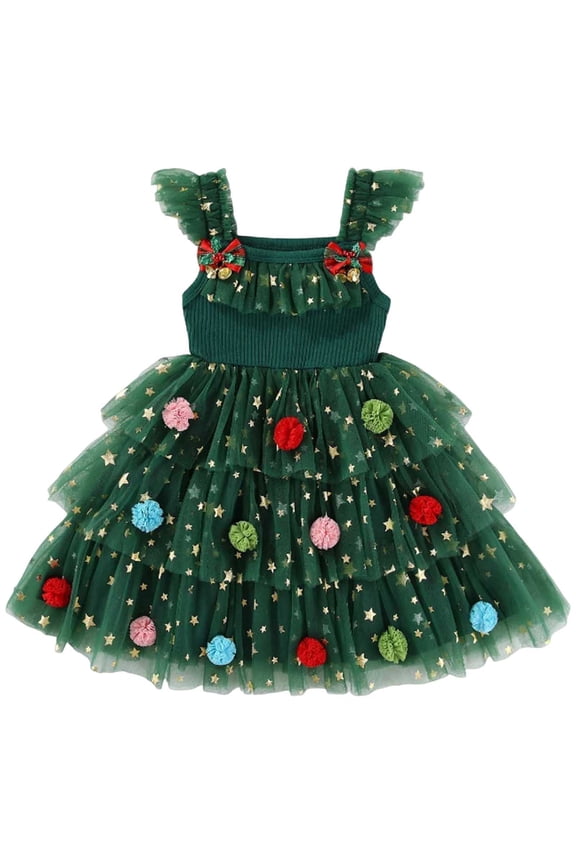 Toddler Festival Dress Glitter Star Pompom Embroidery Tulle Tiered Twirl Holiday Christams Dresses Dark Green,Size for 3-4 Years