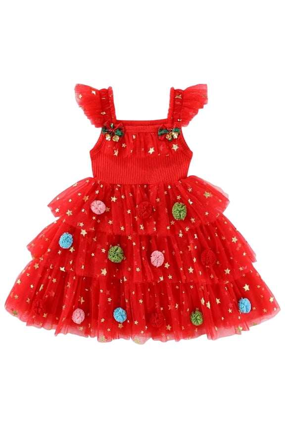 Toddler Girl Christmas Dress Star Layered Tulle Tutu Dress Xmas Outfit Girls Smash Xmas Tree Cake Dresses Red,Size for 3-4 Years