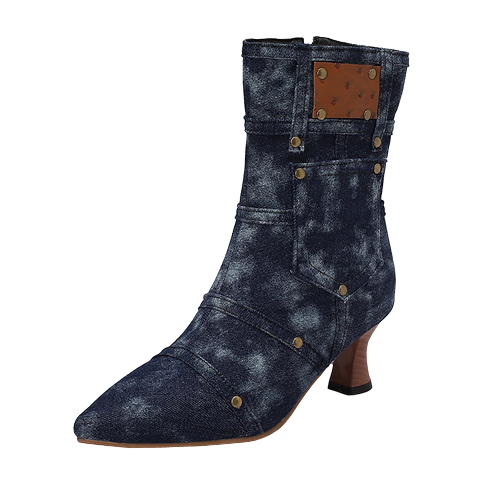 Bcshiye Women's Denim Thigh High Boots - Pointy Toe Chunky Heel Cowboy Style With Side Zipper