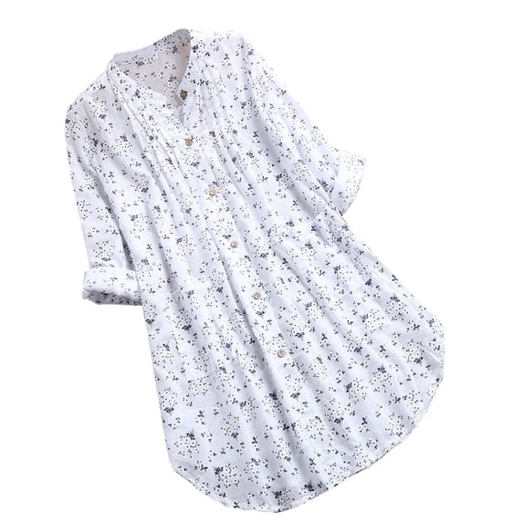 dmqupv Work Blouses for Women Shirts for Women Print Tshirt Tops Womens Pleated Casual Blouse Womens T Shirts Floral Long Sleeve Shirts for Women Women's Blouse White L