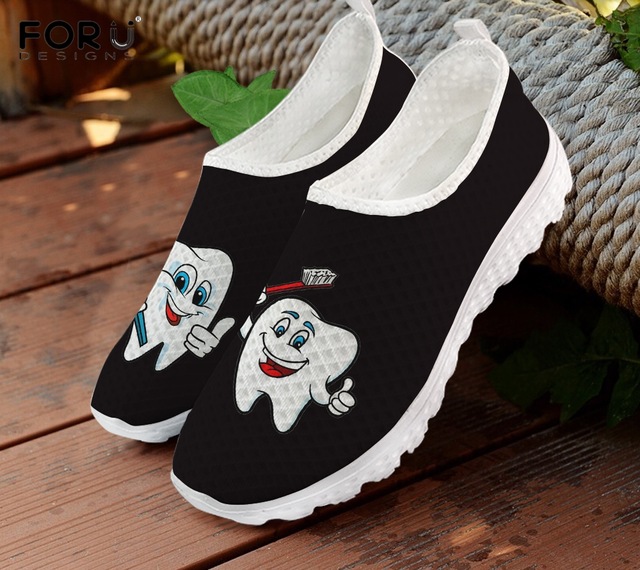 doginthehole Cute Cartoon Tooth Print Women's Shoes Dentist Mesh Ladies