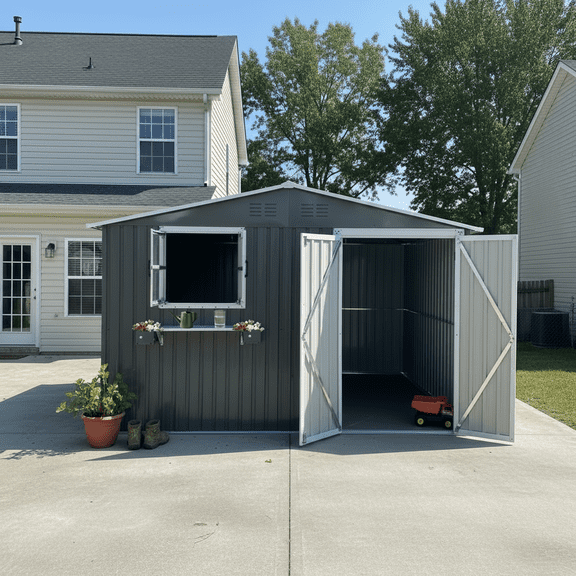 dokea 10x8 FT Metal Garden Shed - Coal Gray with Window & Flower Rack