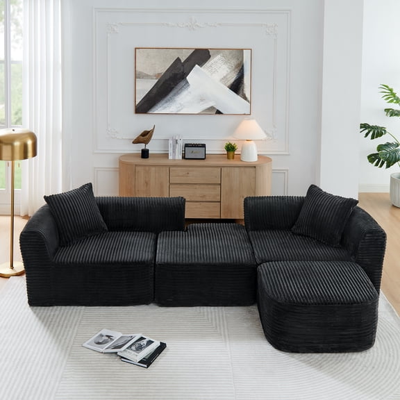 dokea 114" Cloud Sectional Couch - L-Shape Chaise, Black Modular Sofa - Sectional Sofas
