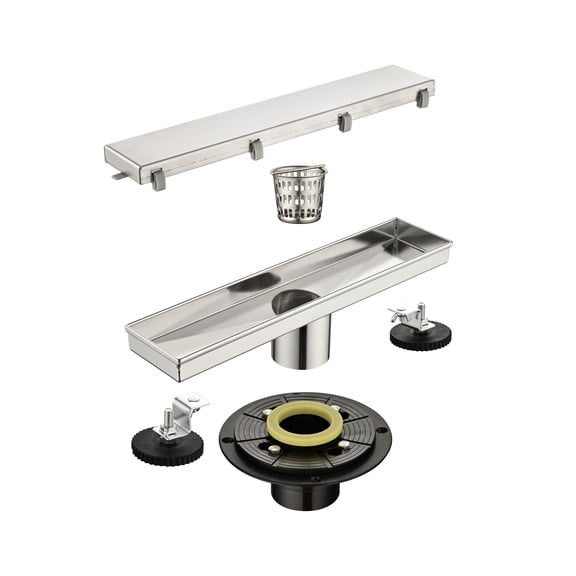 dokea 12 Inch Linear Shower Drain with Hair Strainer & Leveling Feet, Flange