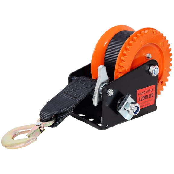 dokea 1200LBS Hand Winch with 19.6FT Strap, Orange & Black Shell, 4.1:1 Gear Ratio
