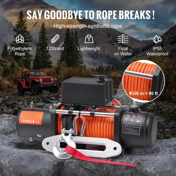 dokea 13500 lb Electric Truck Winch - Synthetic Rope Waterproof Remote Control
