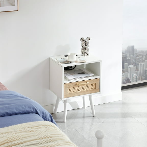 dokea 15.75" Rattan End Table with Power Outlet & USB Ports, White - End Tables