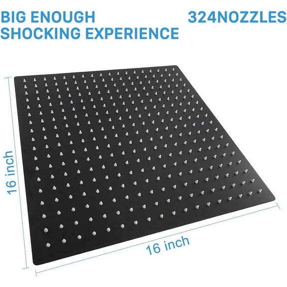 dokea 16 Inch Oversize Stainless Steel Rain Shower Head - Matte Black High Pressure - Square Rainfall Showerhead