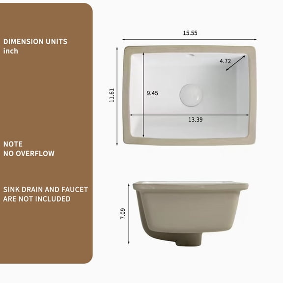 dokea 16 Inch Rectangle White Porcelain Undermount Bathroom Sink Basin