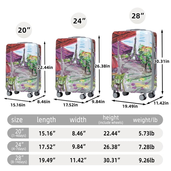 dokea 20"/24"/28" 3-Piece PC Spinner Luggage Set with Printed Pattern & Combination Lock (Coffee+Iron Tower)