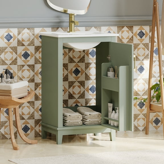 dokea 20 Inch Modern Small Bathroom Vanity Cabinet with Ceramic Basin - Ample Storage
