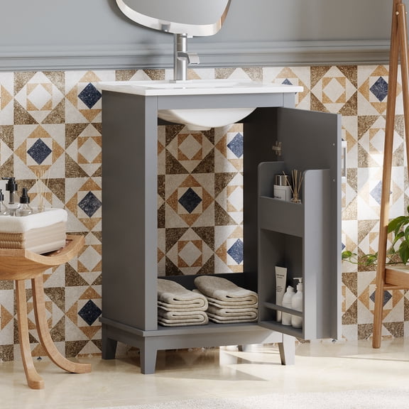 dokea 20 Modern Small Bathroom Vanity Cabinet with Ceramic Basin - Ample Storage