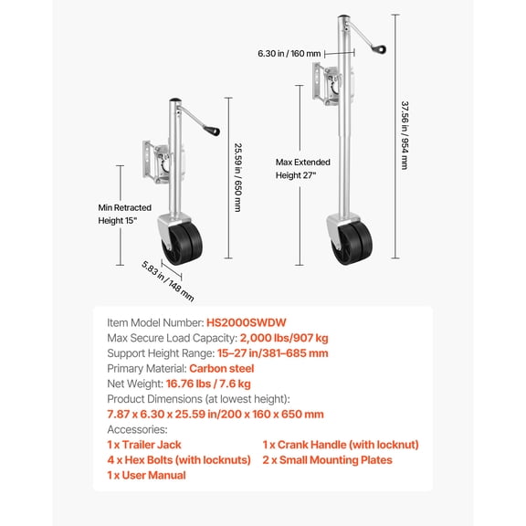 dokea 2000 lb Boat Trailer Jack with Wheel - 15-27 Lift, Heavy Duty Swivel Jack