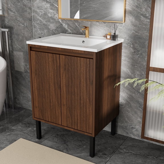 dokea 24 Inch Bathroom Vanity with White Sink - Floor Standing Storage