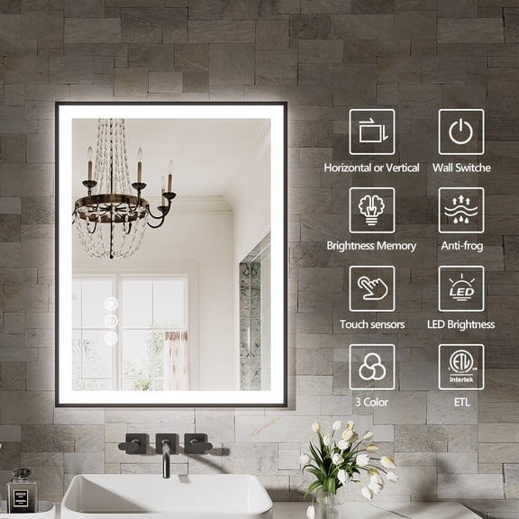dokea 24x32 Frameless LED Smart Bathroom Mirror - Anti-Fog, Dimmable Light