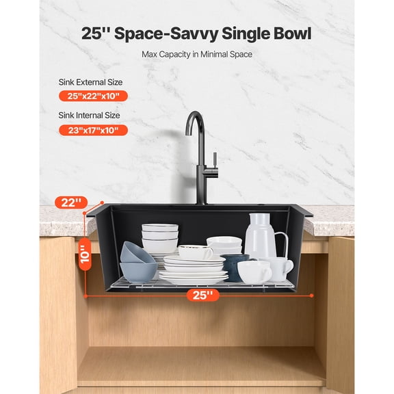 dokea 25 Inch Granite Kitchen Sink - Single Bowl Drop-In Basin for RV Bar