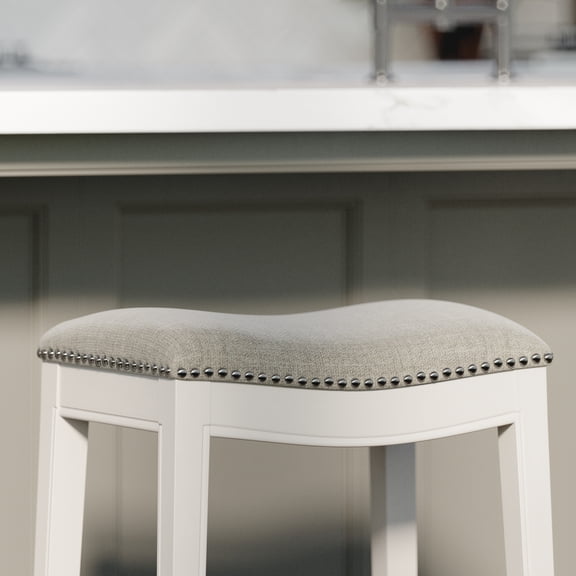 dokea 26in Farmhouse Whitewash Barstool - Gray Upholstered Seat, 1PC