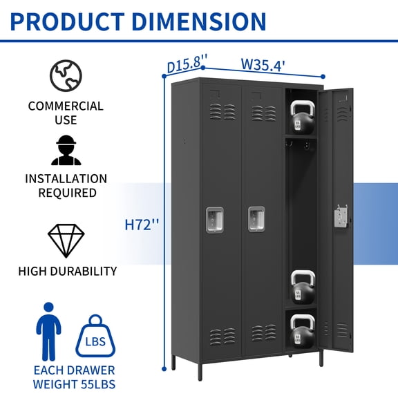 dokea 3 Door 72H Metal Lockers with Lock - Black Employee Storage Cabinet