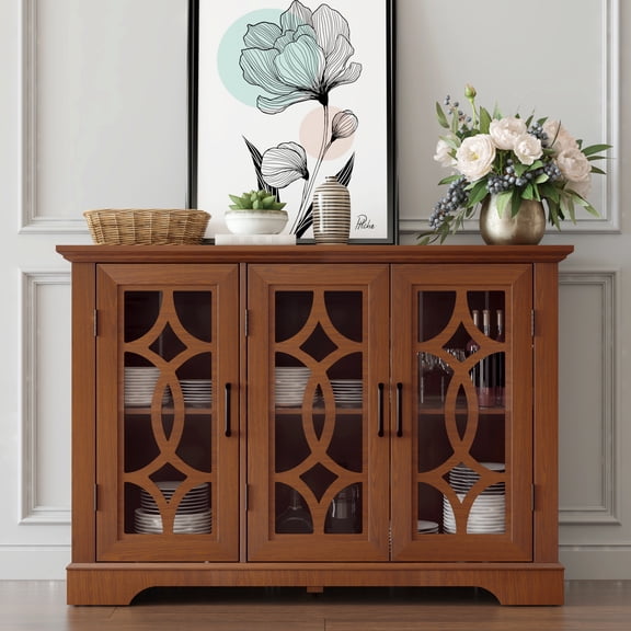dokea 3-Door Glass Sideboard Buffet Cabinet - Dark Oak Finish - Storage Cabinet