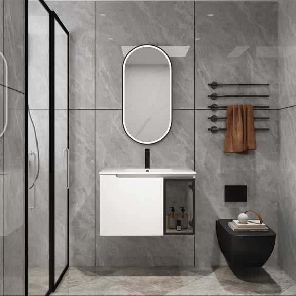 dokea 30" Wall Mounted Bathroom Vanity - Glossy White Cabinet with Soft Close Doors & Half Gray Glass Sink Plywood Construction