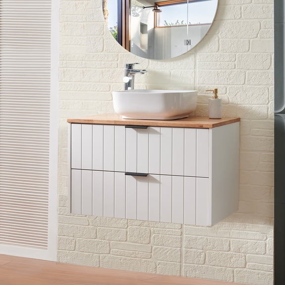 dokea 32" Double Drawer Wall Mounted Bathroom Vanity - White Cabinet + Wood Top & Ceramic Sink