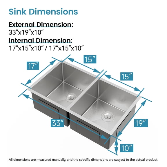 dokea 33x19 Stainless Steel Double Bowl Kitchen Sink - Dark Gray Undermount Sink (Drain Only)