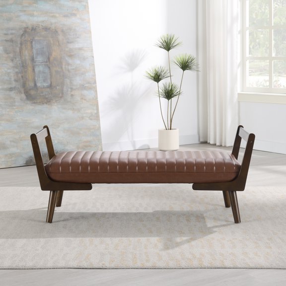 dokea 52 Mid Century Bench - Walnut Leg, Cognac PU Leather Footrest Stool