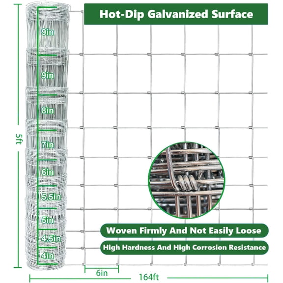 dokea 5ft x 164ft Cattle Fence Wire Fencing - 13 Gauge Galvanized Livestock Netting