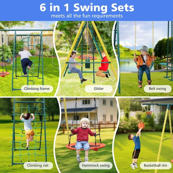 dokea 6 in 1 Swing Set with Climbing Frame, Net, Glider & Hammock Swing for Backyard 700LB Capacity