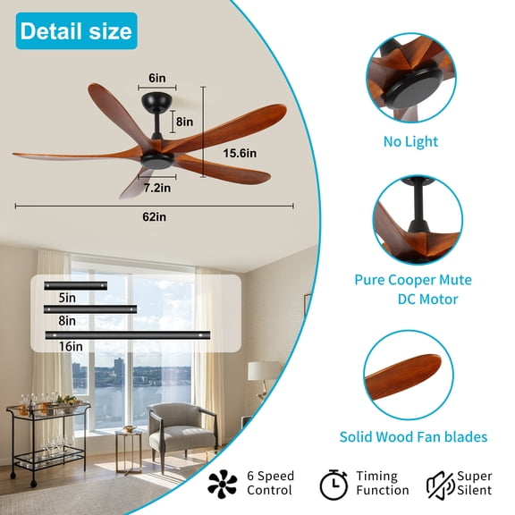 dokea 62 Inch Wood Ceiling Fan No Light with Remote Control