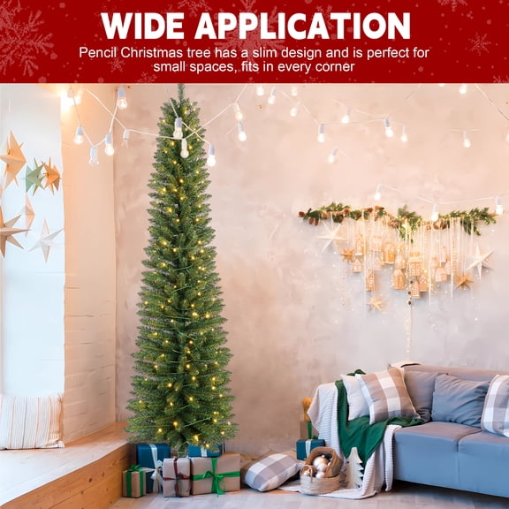 dokea 6FT Green Pencil Christmas Tree with 150 LED Lights Slim PVC Tree with Metal Stand