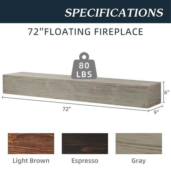 dokea 72 Rustic Wood Fireplace Mantel - Wall Mounted Shelf for Home Decor