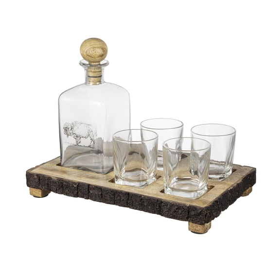 dokea Alaine 6 Piece Bar Set with Mango Wood Stand - Glass Decanter & Tray Set