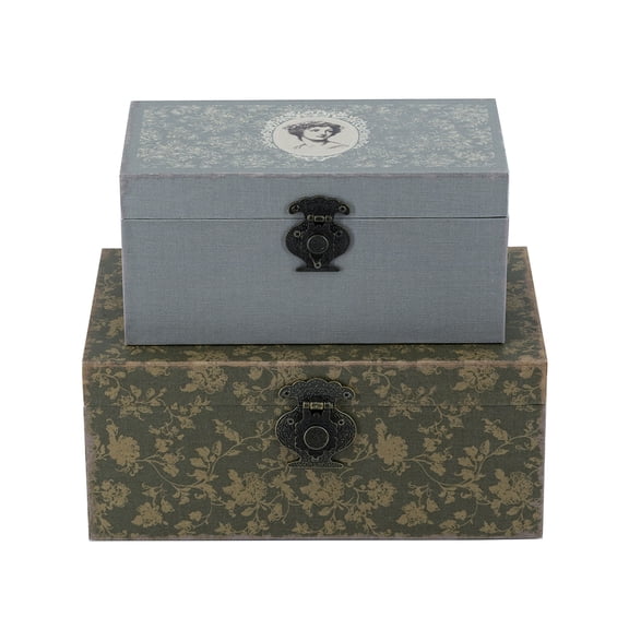 dokea Antique Decorative Boxes Set - 2 Large & Small with Lady Portrait, MDF & Linen, Gray & Olive