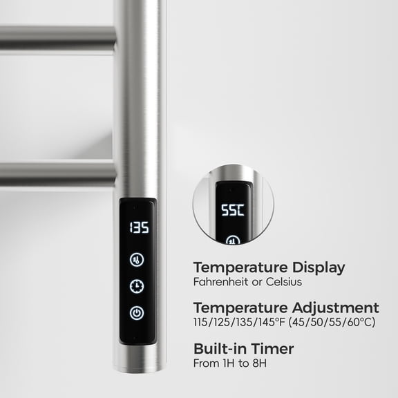 dokea Brushed Nickel 9-Bar Heated Towel Rack - Wall Mounted with Timer, Stainless Steel