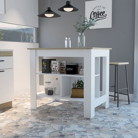 dokea Cala Kitchen Island - White with Light Oak Finish - 4 Leg Design, 3 Shelf Storage Unit for Kitchen Spaces