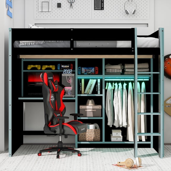 dokea Cloud Blue Full Size Gamer Loft Bed with Desk Storage