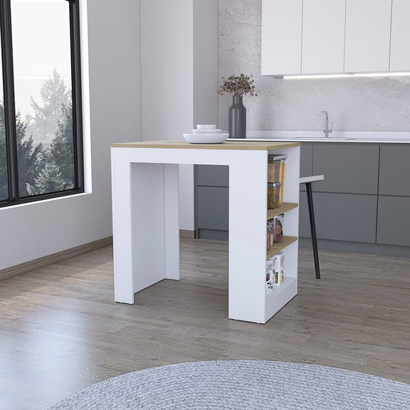 dokea Doyle Kitchen Island, 3 Shelves, White & Light Oak Finish, 23.3" x 36.2"