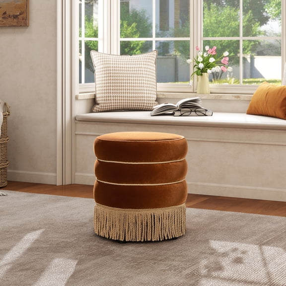dokea Edward 17.5 Round Ottoman, Burnt Orange Performance Velvet, Upholstered with Fringe
