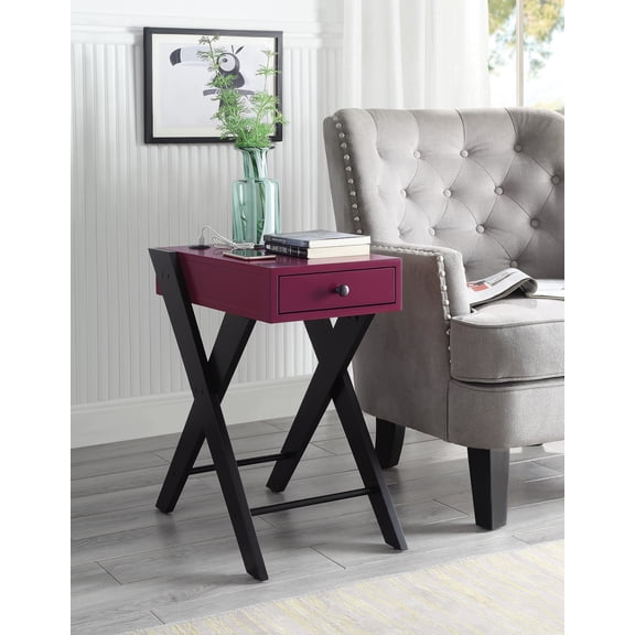 dokea Fierce Accent Table with USB, Burgundy, Black Legs, Storage Drawer - End Tables
