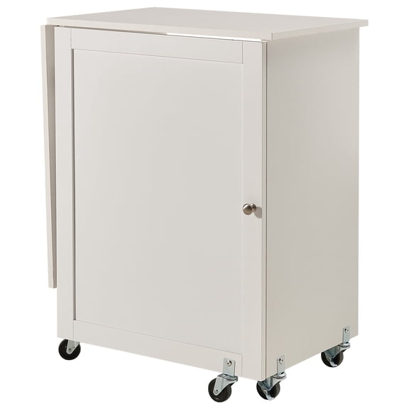 dokea Folding Sewing Table with Wheels, Storage Shelves, White
