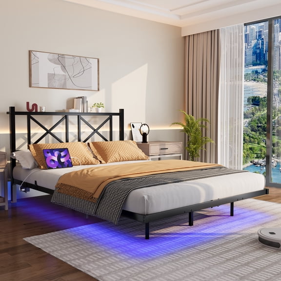 dokea Full Size Floating Bed Frame w/ Storage & LED Lights Black