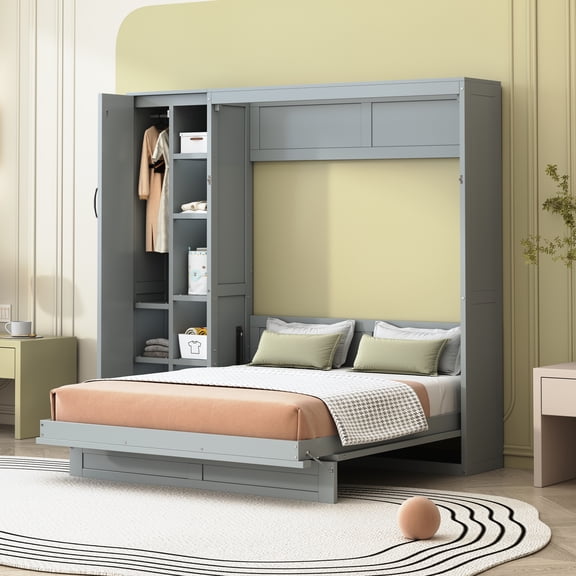 dokea Full Size Gray Murphy Bed Wall Bed with Shelves & Lights